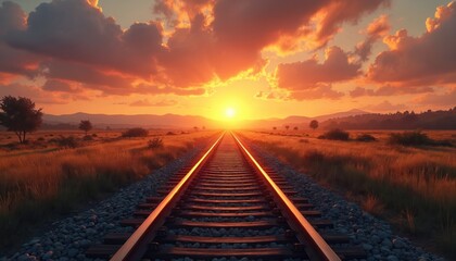 Scenic sunset over railway track. Golden hour landscape with dramatic sky, clouds. Railroad, transport, journey, travel destination. Tranquil evening scene, open fields, nature, orange light,