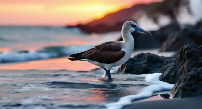Intimate 4K footage of Blue-footed Booby waddling along rugged rocky shore in detailed high-resolution nature video

