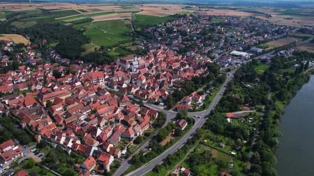 A panoramic aerial view of the city Dettelbach in Germany on a sunny day in spring