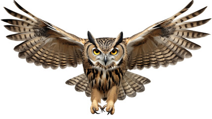 Great Horned Owl soars gracefully, displaying wingspan against a soft background in detailed close-up transparent.