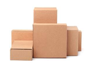 Front view of different blank brown cardboard boxes