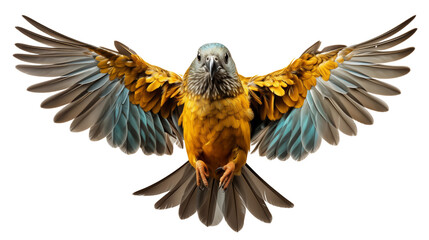 Striking bird with vibrant golden feathers and outstretched wings presents a captivating display of avian grace transparent.