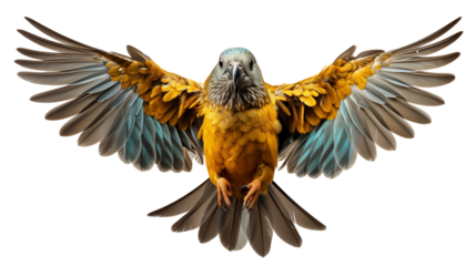 Striking bird with vibrant golden feathers and outstretched wings presents a captivating display of avian grace transparent.