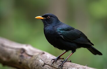 Fototapeta premium Common blackbird, Turdus merula, perched on branch. Male bird with glossy black plumage, vibrant orange beak. Detailed photo of European bird species in natural habitat. Beautiful bird close-up.