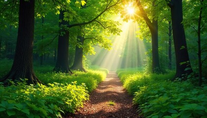 Obraz premium Serene Sun-Dappled Forest Path A Magical Hiking Trail Through Lush Green Foliage, Perfect for Nature, Travel, and Environmental Projects