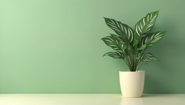 Minimalist illustration featuring elegant Calathea plant in white pot on pastel green background. Home decor, interior design concept. Perfect for creating cozy, fresh vibes in modern aesthetic