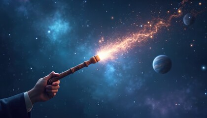 Magical wand emits sparks into dark galaxy background. Twinkling stars around. Fantasy art with cosmic, space, universe elements. Hand holding, dreamlike, bright, marvellous illumination.