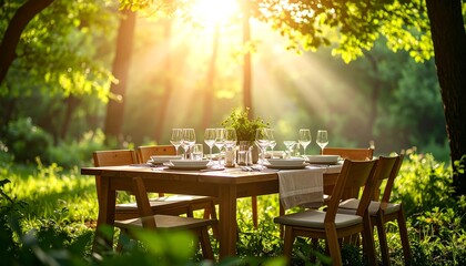 Outdoor dining table in a sunlit forest