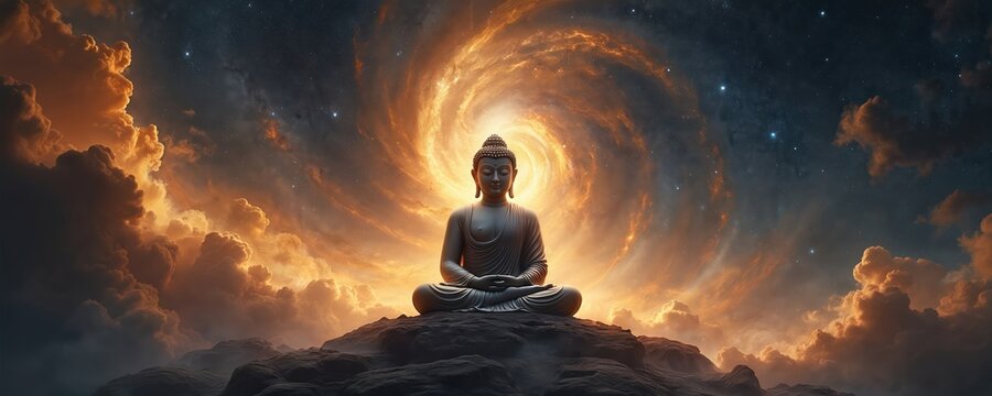 Illustration shows Buddha statue meditating atop mountain against space, galaxy background. Artwork spiritual theme, Buddhism, peace, enlightenment, meditation concept. Galaxy, space, universe render