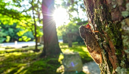 Obraz premium 夏詣での蝉と木洩れ日の静寂