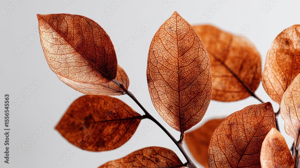 Poster close-up of a dried branch with copper colored leaves, showcasing intricate vein patterns and a mini