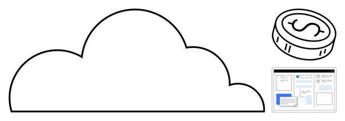 Large cloud, dollar coin, and webpage interface elements emphasizing cloud storage, finance, digital economy. Ideal for technology, finance, innovation, software computation data analysis