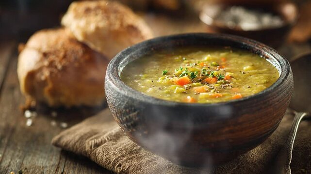 Split pea soup in dish on the table with smoke