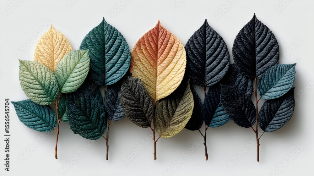 Poster close-up of a dried branch with copper colored leaves, showcasing intricate vein patterns and a mini