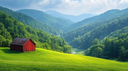 Obraz premium Picturesque red barn nestled in a valley with rolling hills.