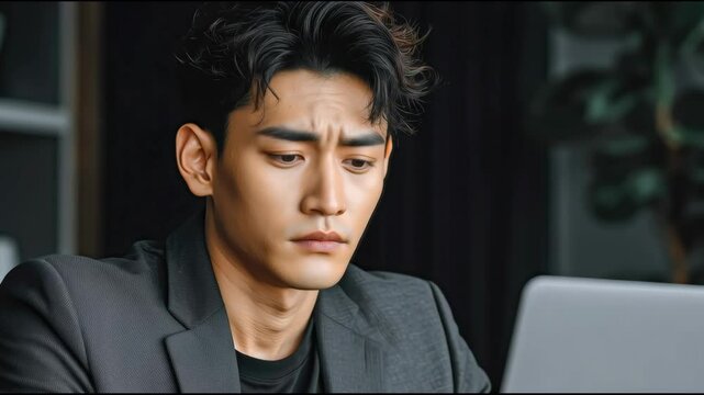 Young asian 30 yrs businessman working at his desk in the day time , he look is smart but his face is show that his brain is not function ,