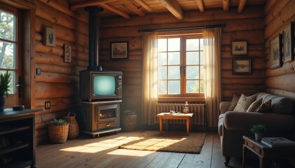 Cozy cabin interior with vintage TV, wood stove. Rustic home decor, wooden walls, floor, soft light, window. Comfortable living room, home, warm atmosphere, retro style. Nostalgic retro style design.
