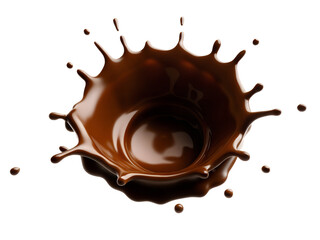 Chocolate splash isolated on white or transparent background. Liquid chocolate burst png. Chocolate explosion cut out
