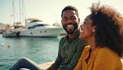 Joyful interracial couple laughs in port. Man woman sit and smile in front of yachts. Happy people, relationship, love. Vacation at sea, summer holiday. Sunny day, positive emotions.