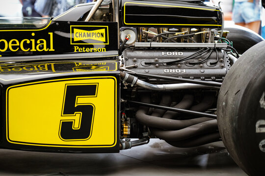Iconic Formula 1 Ford Racing Car (Ronnie Peterson), Duckhams Q, Lotus 97T, Dealer Store, Dealership Showroom Centre, British Luxury Hypercar Brand, Mayfair, Piccadilly, London, UK - June 2025