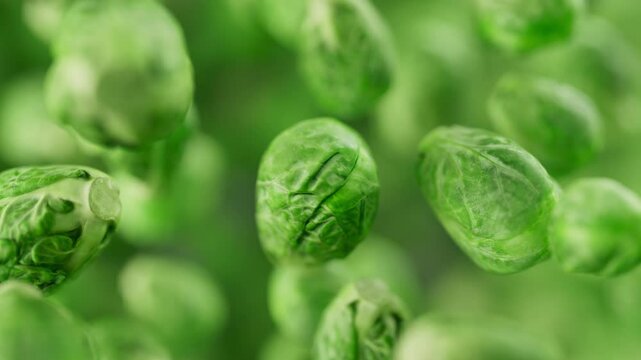 Animation of a group of brussels sprouts. Many brussels sprouts slowly rotate in the background in space. Horizontal composition. Defocus. Close-up.