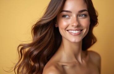 Naklejka premium Smiling woman with flowing shiny brown hair on yellow background. Young model with perfect skin teeth. Healthy hair care concept. Beauty portrait of cheerful girl.