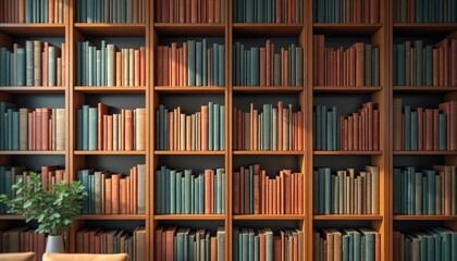 Bookshelves filled with books of different colors. Interior library, bookstore with a lot of books. Literature reading education concept. Row of old and new books on wooden shelves.