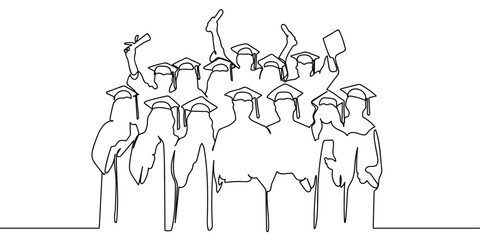 Continuous line, group of people, group of students taking group photo, graduation, education, university Vector art lines on transparent background, editable strokes.