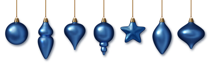 Christmas blue baubles realistic set PNG. Shiny 3D ornaments in blue metallic colors. Elegant holiday decorations for New Year, Xmas tree, celebration design.