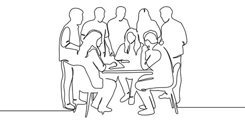 Continuous line, group of people are gathering in a meeting, management Vector art lines on transparent background, editable strokes.