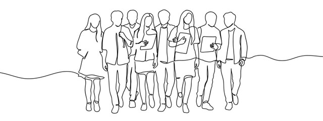 Continuous line, group of people, students walking holding books in hand, education, university Vector art lines on transparent background, editable strokes.