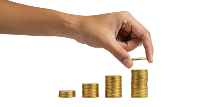 Hand stacking gold coins in growing height levels isolated on transparent background