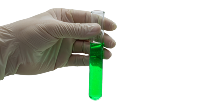 Gloved hand holding test tube with green solution isolated on transparent background - Powered by Adobe