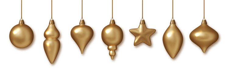 Christmas gold baubles realistic set PNG. Shiny 3D ornaments in gold and metallic colors. Elegant holiday decorations for New Year, Xmas tree, celebration design.