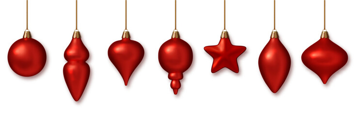 Christmas red baubles realistic set PNG. Shiny 3D ornaments in red metallic colors. Elegant holiday decorations for New Year, Xmas tree, celebration design.