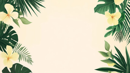 Tropical Floral Border Background with Vibrant Green Leaves and Colorful Hibiscus Flowers on Light Backdrop – Perfect for Summer Invitations, Holiday Designs, and Exotic Event Templates

