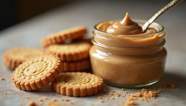 Close-up shot of speculoos cookies, jar creamy cookie butter. Golden brown cookies arranged near glass jar. Sweet, spiced, dessert. Cozy food photo, suitable for food blog posts, recipes, culinary