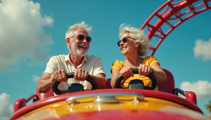 Happy elderly couple enjoys roller coaster ride on sunny day. Smiling seniors experience fun adventure together. Cheerful woman, man have a good time on vacation at amusement park.