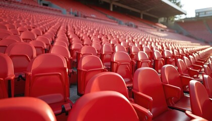 Naklejka premium Red plastic grandstand seats in open-air stadium under daylight. Multiple rows of seats for event spectators. Blurred background gives focus to chairs. Stadium seating, sports, arena, public, venue,