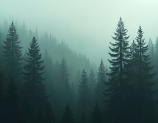 Misty forest with tall pine trees. Atmospheric landscape with dense forest, soft morning light. The scene is tranquil, serene. Fog, mist creates dreamy aethereal mood. Natural beauty, scenic outdoors.