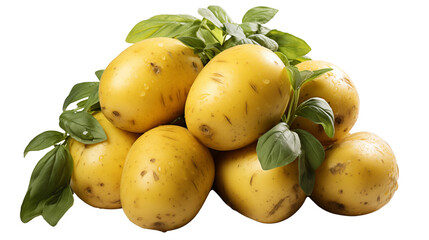 Fresh yellow potatoes are stacked with bright green basil leaves against a clean, neutral background, a simple, rustic still life transparent.