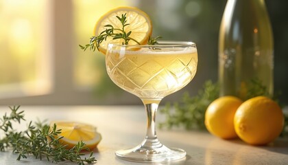 Sparkling cocktail coupe glass with lemon thyme garnish. Refreshing summer drink with ice. Elegant luxury beverage, fresh citrus zest. Perfect for party celebration. Sunlight creates mood.
