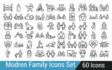 Collection of Modern Family Outline Icons Diverse Depictions of Family Life Activities and Relationships Vector Illustration for Design Projects and Creative Works