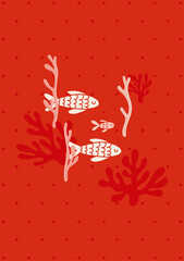 Underwater Family Poster – Cute Fish & Coral Art on Warm Red Polka Dot Background (AI) 