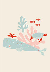 Ocean Friends Poster – Whale, Turtle, fishes & Coral Scene in Soft Pastel Colors (AI)