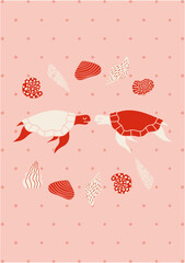 Turtle Love Poster – Cute Sea Turtles & Seashells on Soft Pink Polka Dot Background (AI)