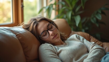 Tired young caucasian woman sleeping on sofa at home. Female wears glasses. Daylight from window illuminates face. Nap after work stressful day. Rest on comfortable couch. Lifestyle, relaxation,