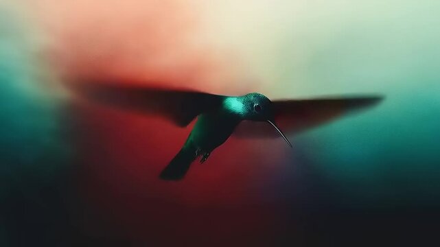 Vibrant hummingbird captured mid-flight with artistic color background