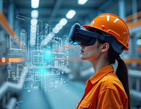 Illustration industrial worker wearing VR headset visualizing blueprint design. AR technology used for training, maintenance. Innovative tech applications in factory, construction, engineering, - Powered by Adobe