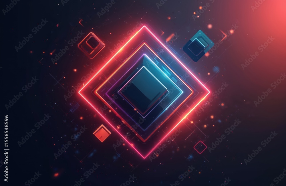 Poster futuristic design features vibrant neon geometric shapes on black backdrop. dynamic, abstract shapes